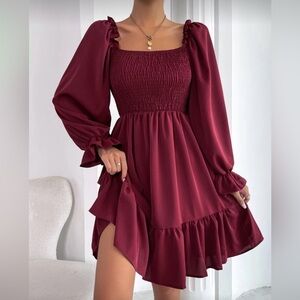 Romantic Smocked Square Neck Ruffle Hem Mini Dress